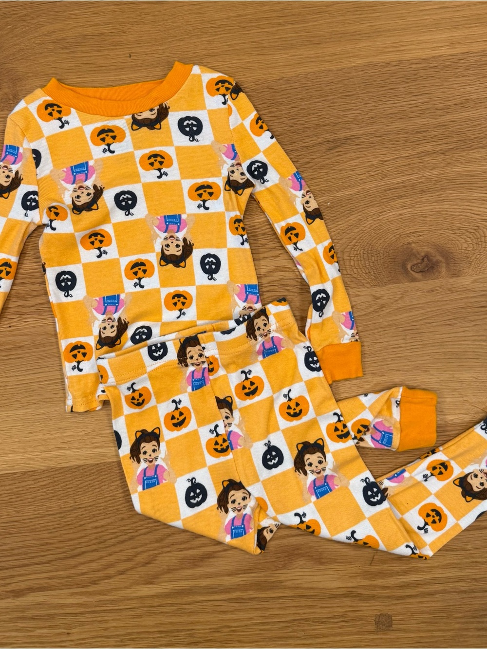 Ms. Rachel Orange & White Check Halloween Kids Pajama Set with Character Print